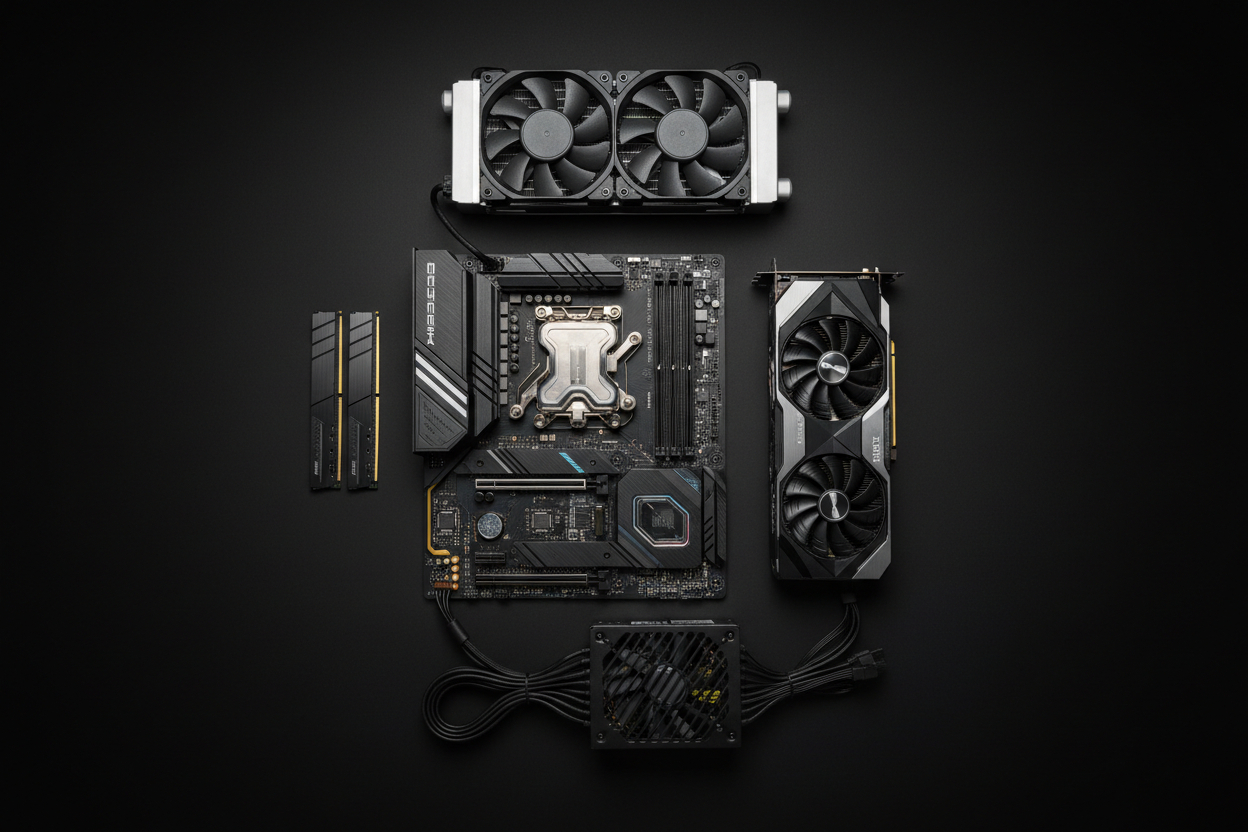 “Create a high-end PC hardware flatlay image shot from a top-down angle on a matte black background. Arrange premium components neatly and symmetrically: a large black gaming motherboard with CPU installed, a triple-fan RTX-style GPU, a modular power supply with diagonal grill design, two DDR4/DDR5 RAM sticks, a metal CPU water block, a large silver radiator, and two grey performance cooling fans. Use dramatic studio lighting, soft shadows, and a sleek, modern aesthetic. The overall mood should be clean, mi