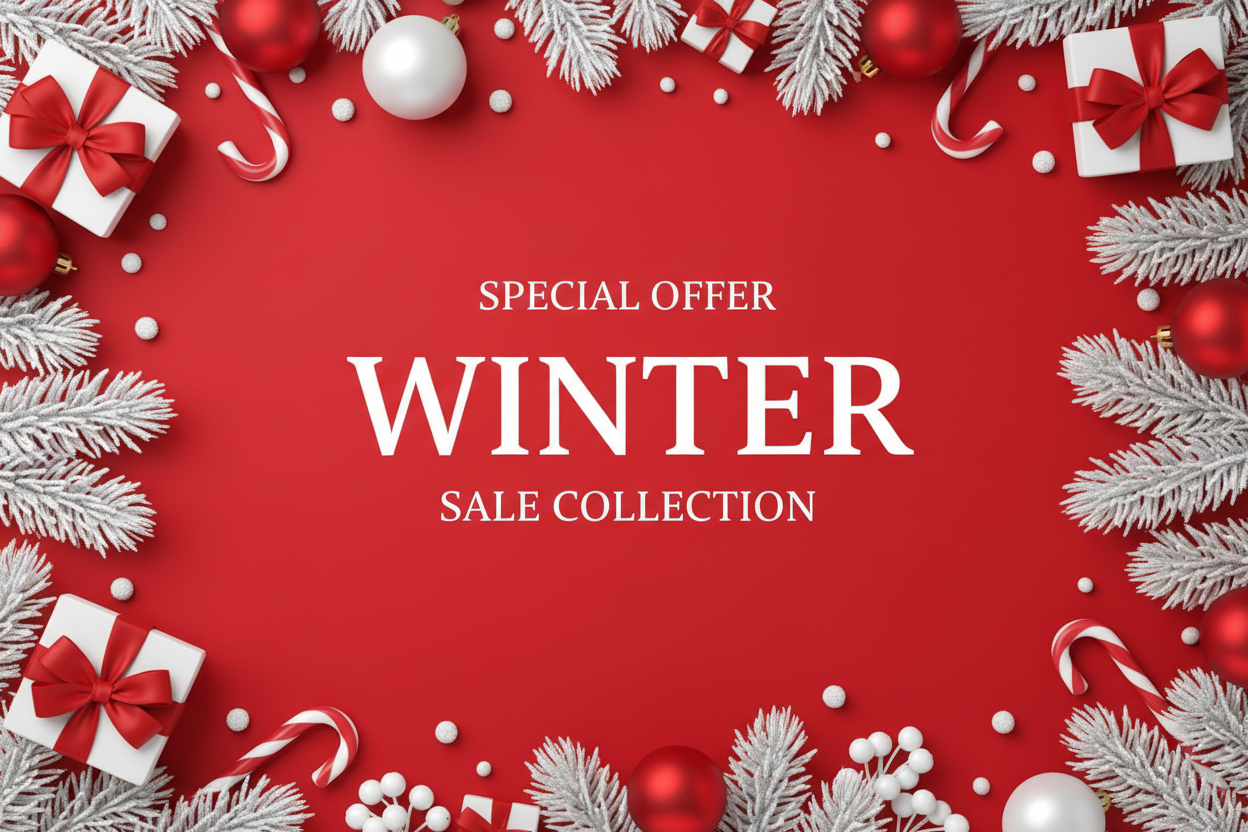 “Create a vertical winter holiday sale poster with a bright red background. Decorate the border with realistic Christmas elements: pine tree branches, candy canes, red and white ornaments, small white balls, and wrapped gift boxes with red ribbons. Leave the center area clean for text. In the center, add elegant white typography that says: ‘SPECIAL OFFER’ above ‘WINTER’ in large bold text, and ‘SALE COLLECTION’ below it in smaller letters. Style should be minimal, classy, festive, and perfect for an online 
