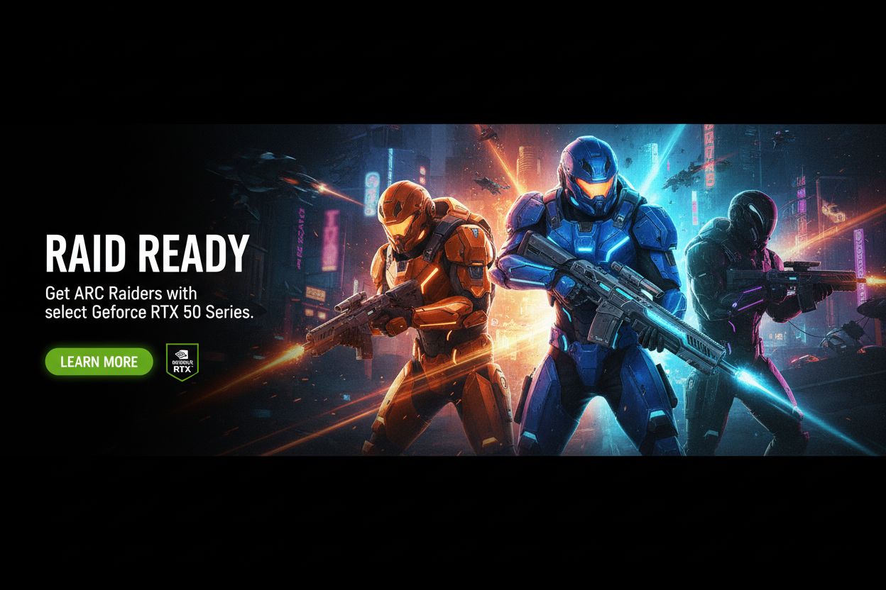 “Create a wide cinematic gaming promotional banner.
Left side: dark black background with bold white headline text saying ‘Raid Ready’. Sub-text: ‘Get ARC Raiders with select GeForce RTX 50 Series.’ Include a green button labeled ‘Learn More’. Add an NVIDIA GeForce RTX badge with the NVIDIA logo and the text ‘Powering Advanced AI’.
Right side: vibrant neon sci-fi artwork featuring three futuristic ARC-style soldiers, one in orange armor, one in blue tactical armor holding a rifle, and one in darker silhouet